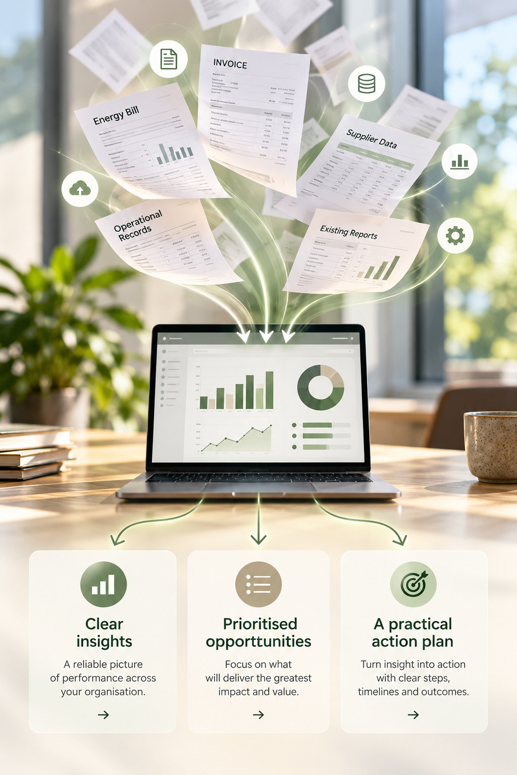 Invoices, energy bills, supplier data and operational records flow into environmental analysis, producing clear insights, prioritised opportunities and an action plan