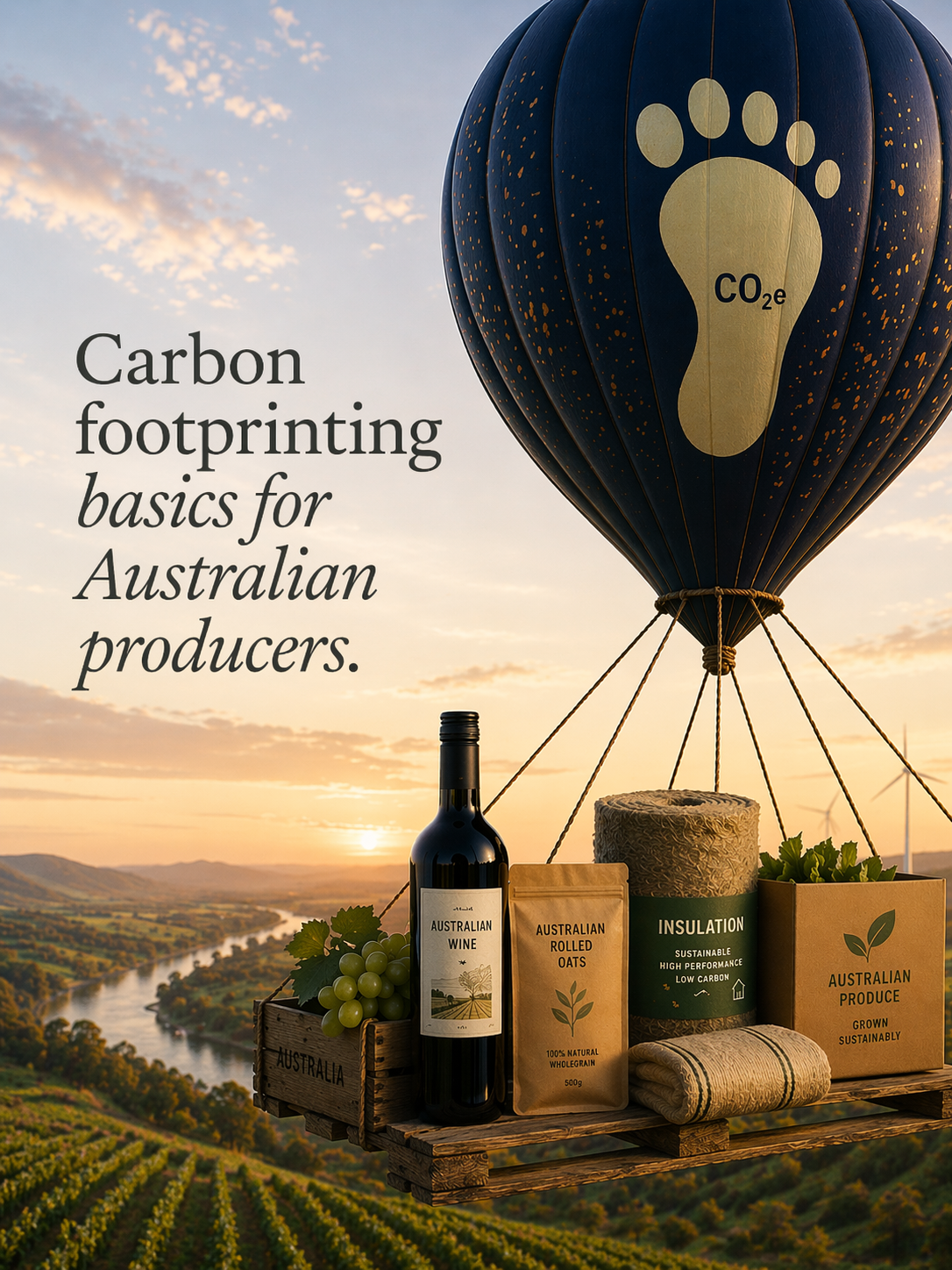 Illustration of a carbon footprint balloon lifting a group of products representing Australian producers