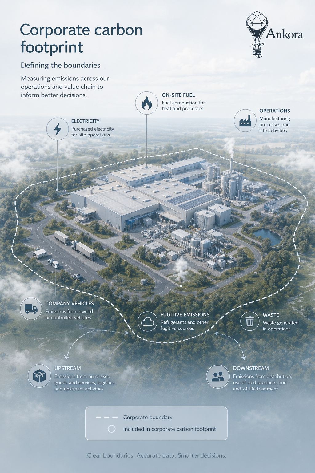 Concept image showing production sites, utilities and transport routes for corporate emissions boundaries