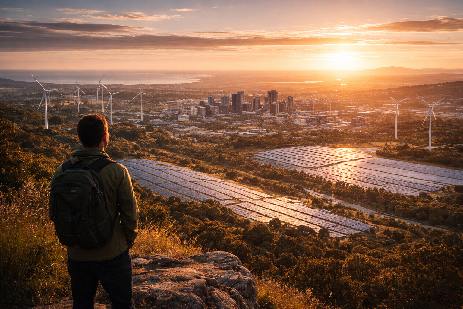Person looking over landscape with renewable energy