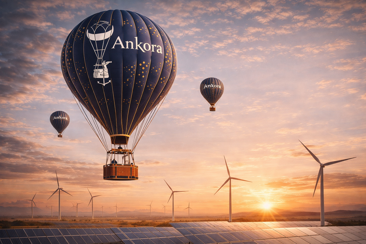 Hot air balloons with Ankora branding soaring over wind turbines