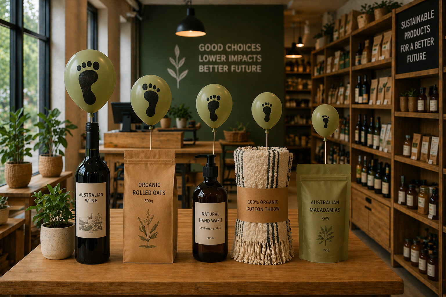 Illustration of products connected to a carbon footprint balloon showing embedded carbon